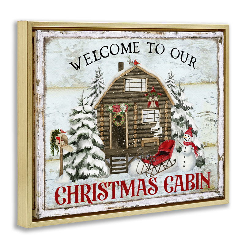 Art mural sur toile Welcome Christmas Cabin par Creatif Belle, H 17 po x l 21 po, Cadre flottant métallique doré