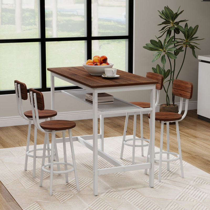 Ensemble de table de bar 5 pièces, 4 chaises à hauteur de comptoir avec structure en métal, Brun, Brun / Blanc