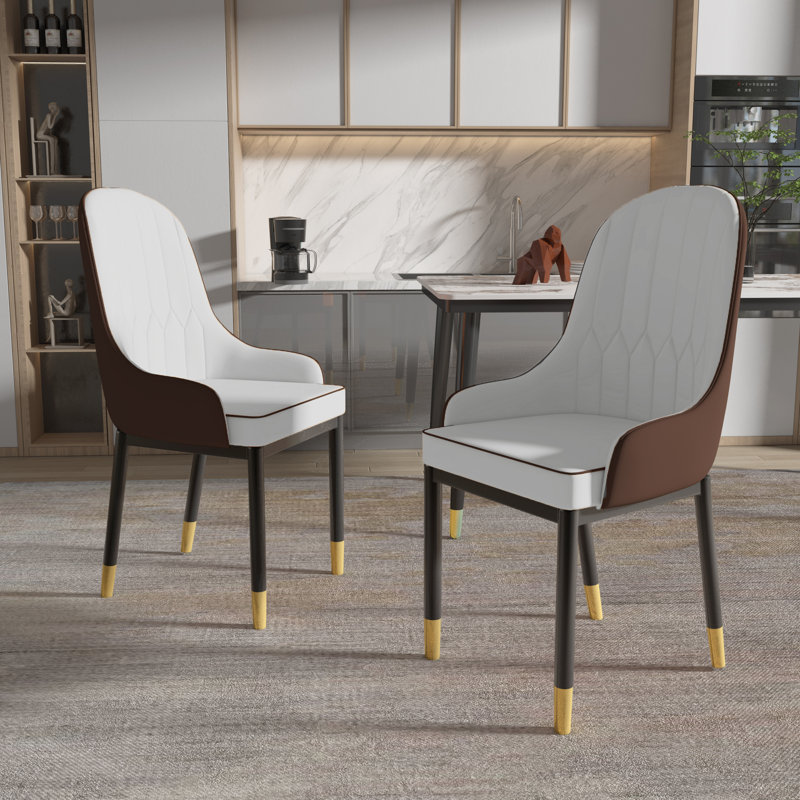 Libenson Faux Leather Side Chair Upholstered Dining Arm Chairs with Metal Leg, White/Brown