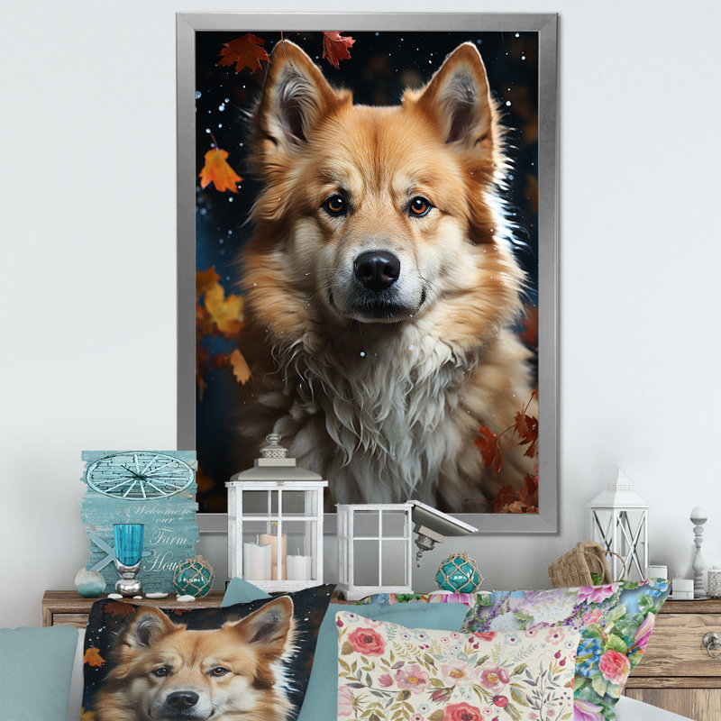 Chien Akita Aurora II sur toile, Cadre simple argenté, H 44 po x l 34 po x P 1,5 po