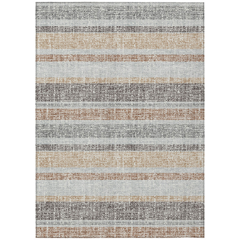 5' X 8' Gray And Silver Striped Washable Indoor Outdoor Area Rug, Rectangle 5' X 8'