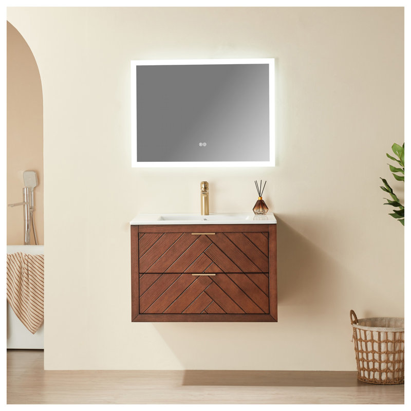 Meuble-lavabo flottant 30 po - Meuble-lavabo simple mural avec lavabo en céramique intégré, meuble-lavabo moderne en contreplaqué noyer pour petites salles de bain