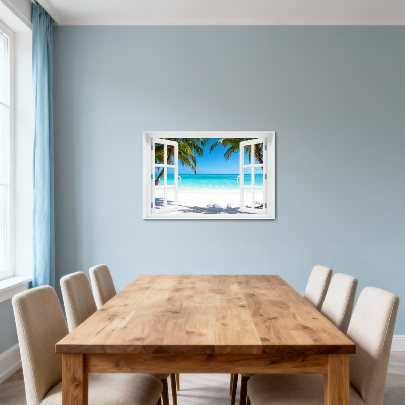 Paysage, nature, plage tropicale, palmier, océan, ciel, sable, fenêtre, vue, H 16 po x l 24 po