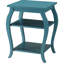 Table d'appoint turquoise à 2 étagères, pieds, grand espace de rangement, décoration, carré, étagères ouvertes au bout du meuble, objets décoratifs élégants, pièce