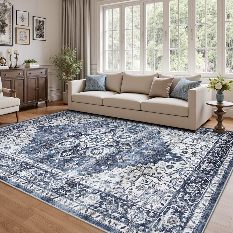 Oriental Inspired Vintage Machine Washable Area Rug with Non-Slip Backing for High Traffic Area, Living Room, Bed Room, Kitchen, Hallway, Entryway Rug