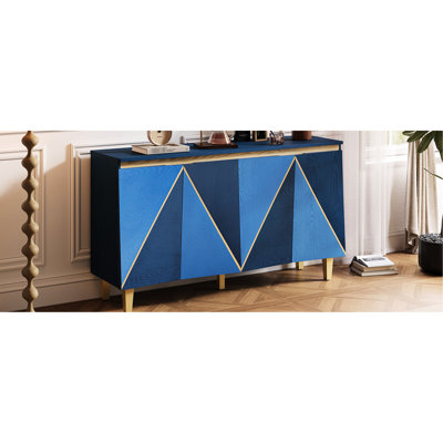 Retro Storage Cabinet With 60" Size, 4-Door Configuration, Adjustable Shelving, Distressed Finish For Kitchen And Dining Sideboard 4 Doors, Dimensional Effect, Three-Level Shelves, Two-Tone Doors In