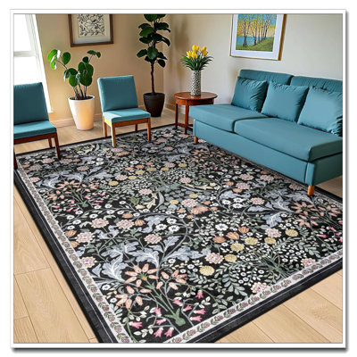 10X12 Dark Black Area Rug For Living Room, Vintage Floral Boho Washable Rug, Soft Low Pile Non-Slip Indoor Carpet, Stain Resistant Floor Rug For Bedroom Dining Room Farmhouse Nursery Home Office