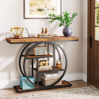 Console industrielle 41,3 po à 4 niveaux avec base circulaire - Canapé d'entrée étroit avec tablettes de rangement, détails en bois et métal
