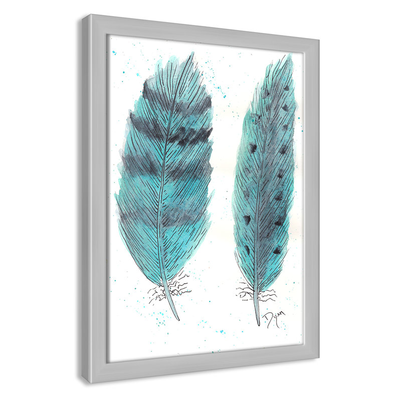 «Feathers in Turquoise II», art encadré, H 15 po x l 11 po x P 1,18 po, Cadre argenté