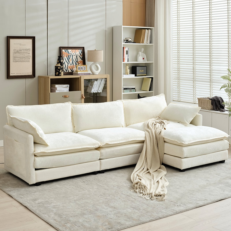 4 Piece Upholstered L Shaped Sectional Sofa, White Chenille