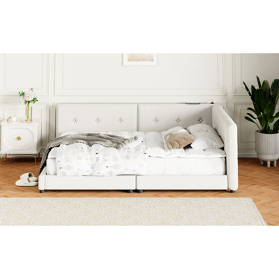 Grand lit plateforme tapissier beige avec construction durable et ports de charge en lin élégants, tissu