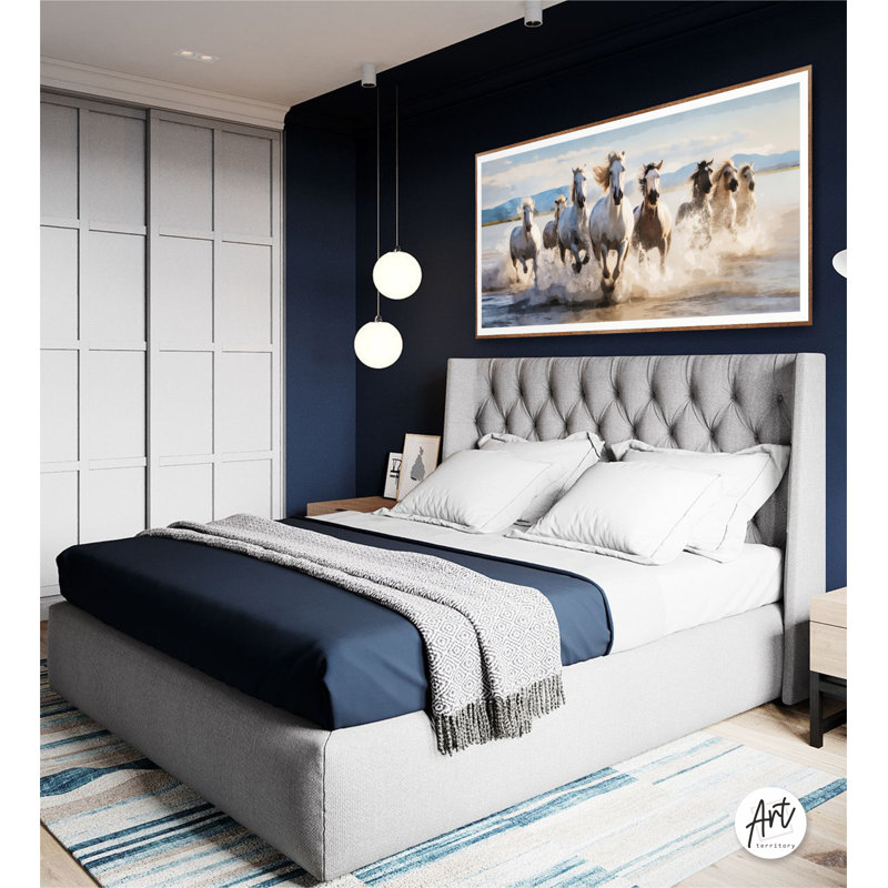 Impression horizontale de chevaux aquarelle, décor de ferme, art mural très grand, toile, H 28 po x l 56 po x P 1,5 po