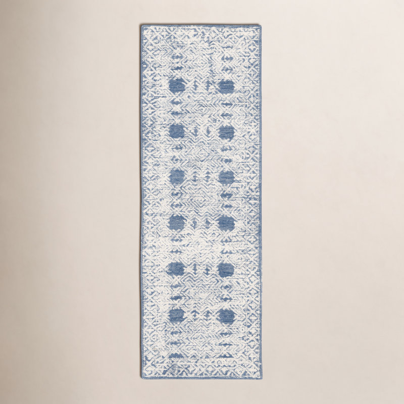 Tapis bleu marine / crème / bleu glace en laine touffeté à la main Matthew, Tapis de couloir 2 pi 6 po x 8 pi
