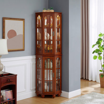 Corner Cabinet, Glass Wood, With 4 Adjustable Tempered Shelves And Lighting System, Solid Legs,Acrylic Mirrored Back Panel