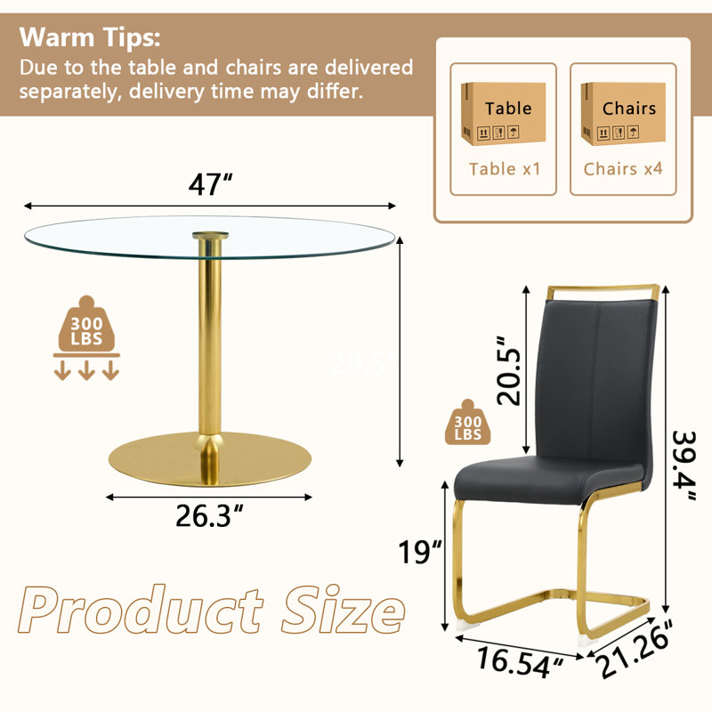 5 - Piece Pedestal Dining Set, 29.5"H x 47"L x 47"W, Black