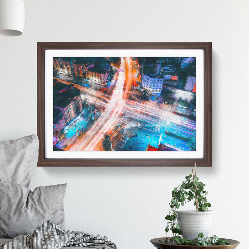Urban City Lights - Picture Frame Graphic Art Print, 62cm H x 87cm W x 2cm D, Walnut Framed