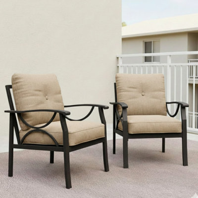 Résistant aux intempéries de 2 fauteuils avec housses hydrofuges, rouille, pour les espaces extérieurs, ergonomique, incurvé, coussins beiges, grands balcons