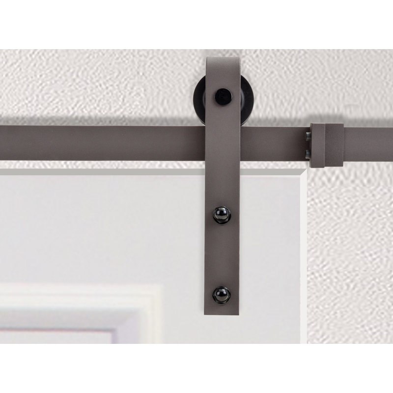 Primed White MDF Raised 2 Panel Sliding Barn Door with Brown Hardware