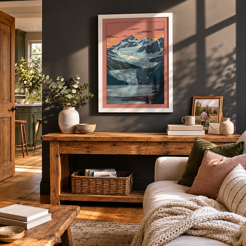Mountains At Dusk Scandinavian - Print, A2 - 59.4 x 42.0 cm, White