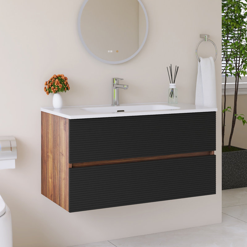 Meuble-lavabo mural simple 36 po avec plateau en céramique intégré blanc, Noir