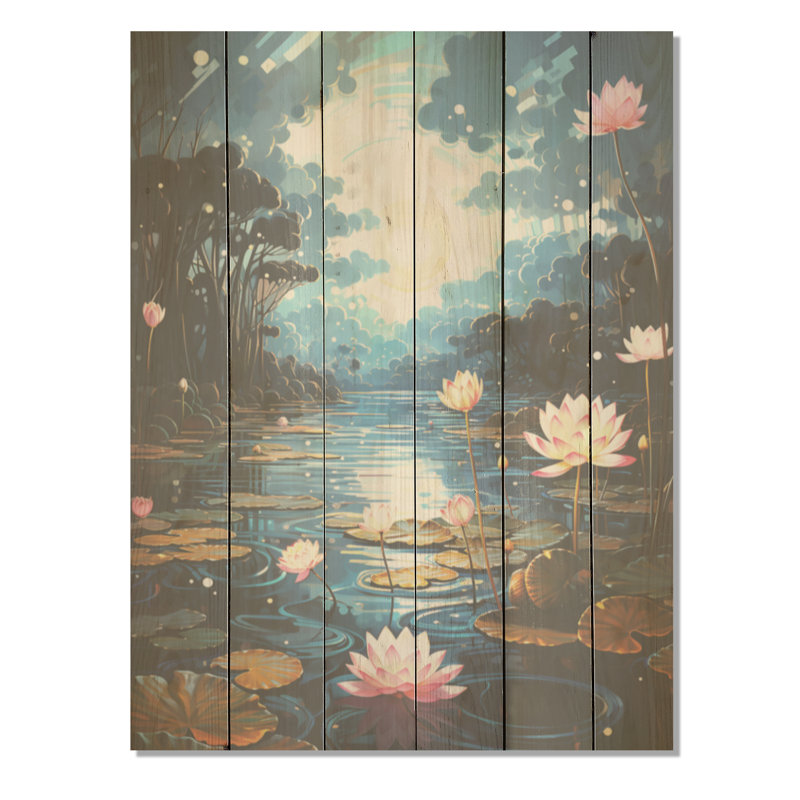 Fleur de lotus entre les blocs de Lilly I - Art mural en bois de lotus sur bois de pin naturel, H 20 po x l 10 po