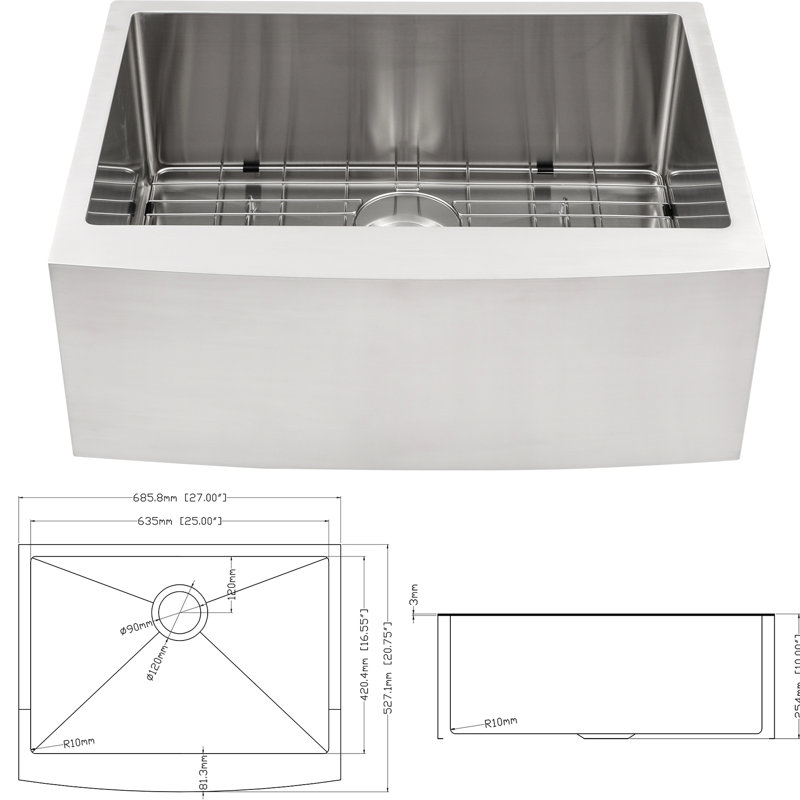 Évier de cuisine de style 27 pouces, acier inoxydable 16G T304, 10 profondeurs, coin R10, coussin insonorisant, façade de tablier de cuisine 27 "X21" X10, bassin profond de calibre 16, condensation