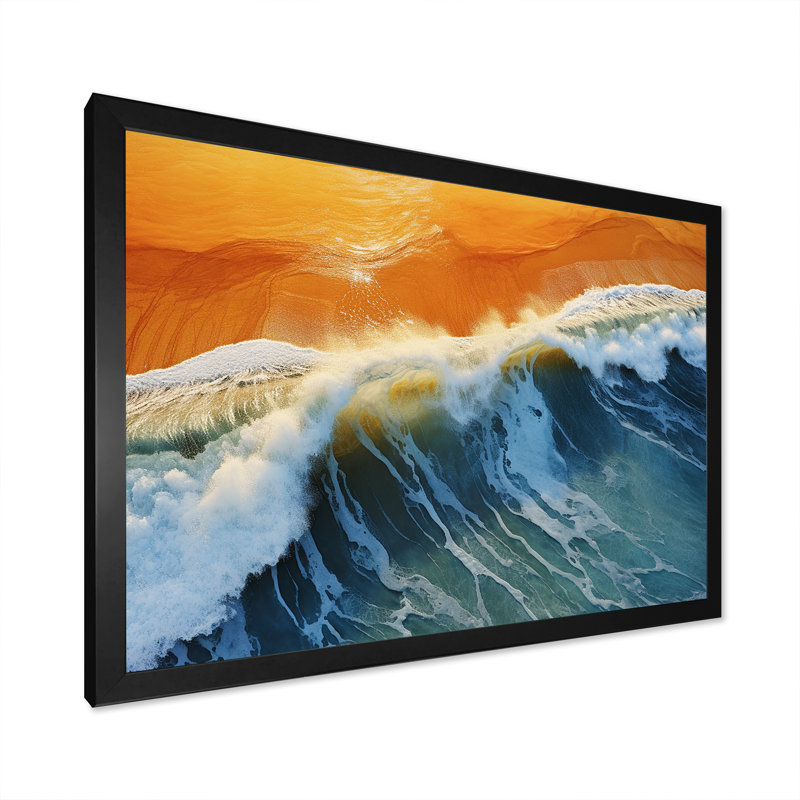 Vue aérienne de la plage bleue et orange - art mural plage, Cadre d'angle fermé noir, H 12 po x l 20 po x P 1 po