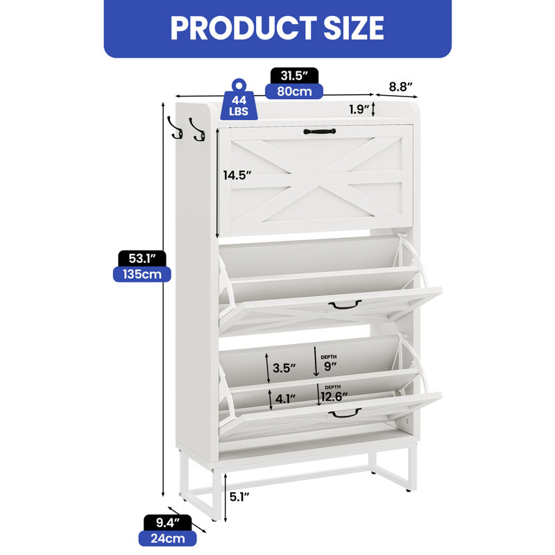 Armoire de rangement pour chaussures autoportante pour 18 à 24 paires avec 3 tiroirs rabattables et tablettes ouvertes, Blanc