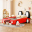 Lit simple rouge avec construction en forme de voiture de course et roues, roues relaxantes en rouge, assurant une bonne nuit de sommeil-1102548802