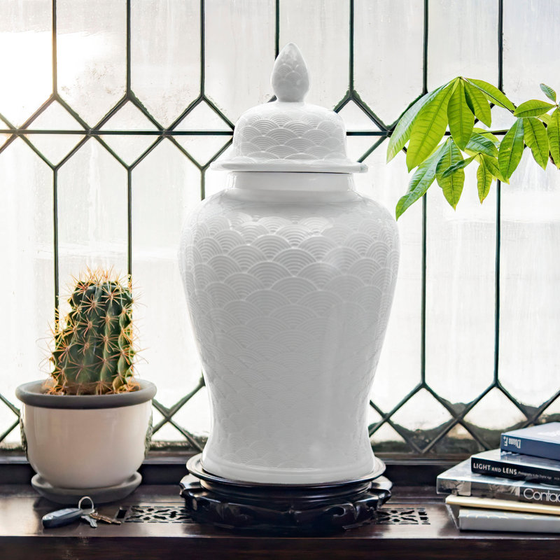 24" Antique White Scaled Temple Jar
