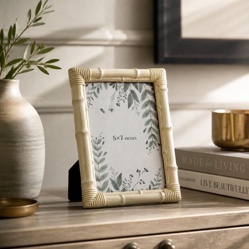 5X7 Bamboo Picture Frame, Textured Resin Photo Frame With Glass Front, For Tabletop Or Wall Display, White, 5'' W x 7'' H