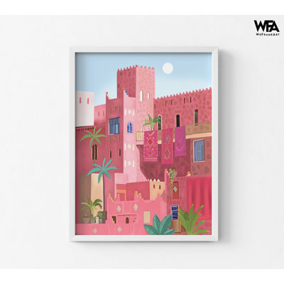 «Kashbah» par Petra Lizde, belle œuvre d'art d'inspiration arabe, idée de décoration de bâtiment arabe rose, affiche des Terres magiques