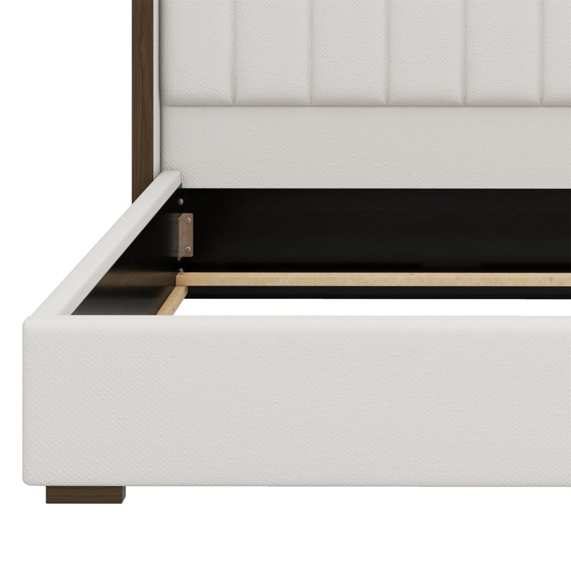Tall Headboard Upholstered Bed With Vertical Striped And Wingback Design