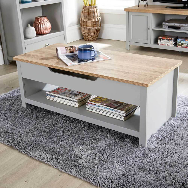 Grey Oak Coffee Table Lift Up Occasional Reception Storage Shelf Avon, Light Grey