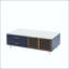 Table basse moderne bleue avec portes en verre, tiroirs et lumières RVB