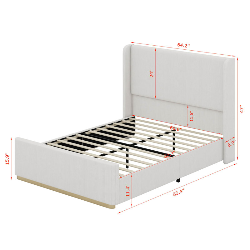 Queen Size Corduroy Upholstered Bed Frame With Storage Ottoman, And Vertical Stripe Wingback Headboard And High Footboard