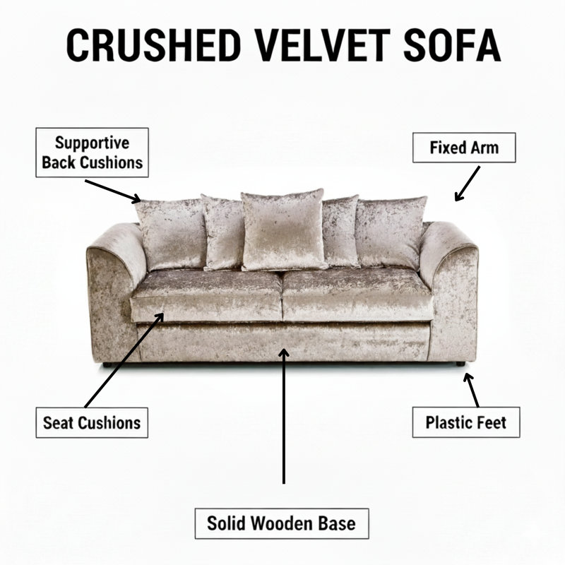 100% Crushed Velvet 3 Seater Sofa, Beige