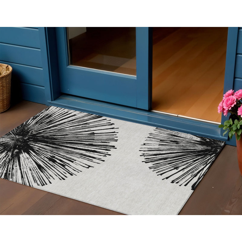 Tapis extérieur lavable abstrait noir et ivoire 3 pi x 5 pi