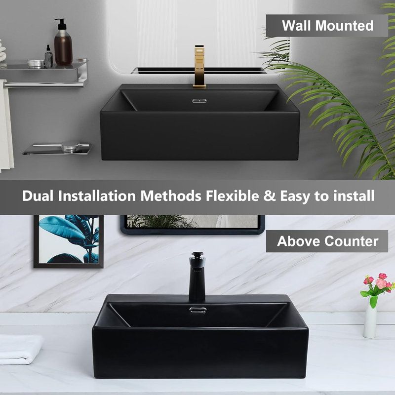 Davivy 23.6"x16.5" Black Rectangular Ceramic Bathroom Vessel Sink