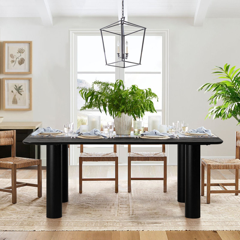 67" Rectangular Solid Oak Wood Pillar Leg Dining Table For 6, Black