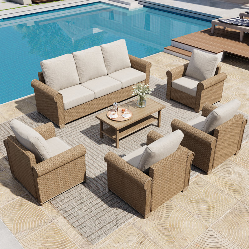 All-Weather Wicker 7 - Person Patio Conversation Sets with Cushions, Beige