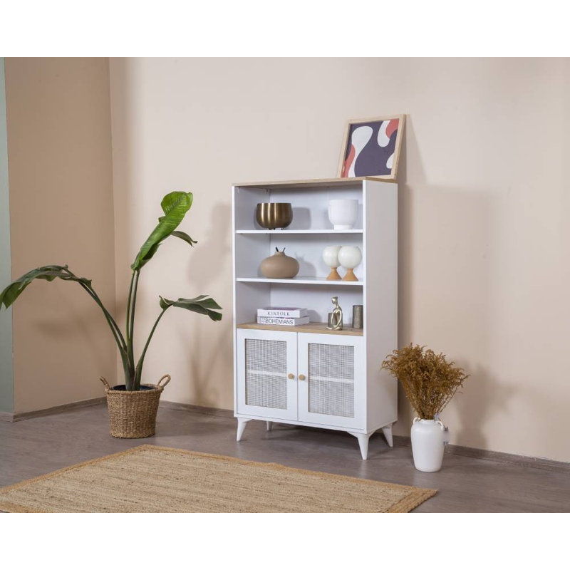 Bibliothèque moderne scandinave, blanc et chêne, 35,4 x 62,2 x 16,1 pouces | 100% panneau de fibres à densité moyenne avec pieds en bois de charme | Nombreuses tablettes, portes à fermeture douce, fixation murale | Solution de rangement élégante pour la maison et le bureau