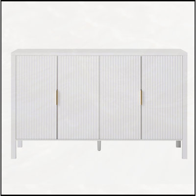 Armoire de rangement 57,5 pouces à portes rayées, buffet à 4 portes avec tablettes à l'arrière et tablettes réglables, panneau de fibres à densité moyenne avec poignées en aluminium