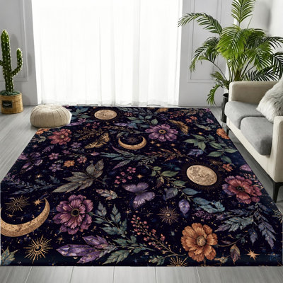 Celestial Moon Butterfly Floral Area Rug, Dark Blue Bohemian Botanical Print, Soft Non-Slip Floor Carpet, Artistic Indoor Home Decor for Living Room, Bedroom, Dormitory, Apartment