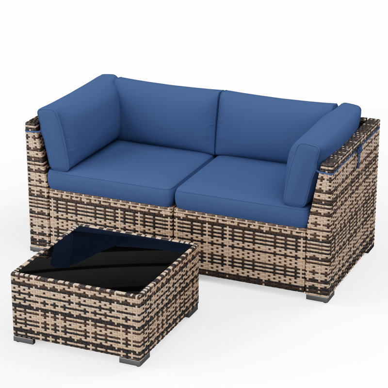 Outdoor Wicker Patio Loveseat Sofa With Cushions, All-Weather PE Rattan Outdoor Couch With Adjustable Feet, Anti-Slip Cushions & Modern Side Table For Porch, Backyard