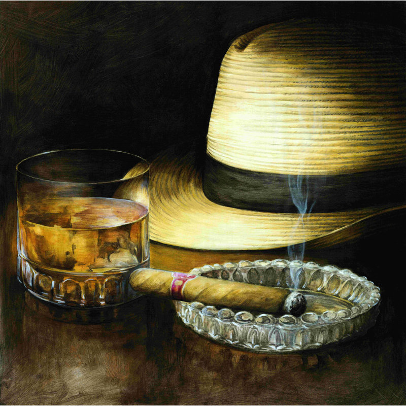 Cigare whisky - peinture sur toile tendue, H 12 po x l 12 po