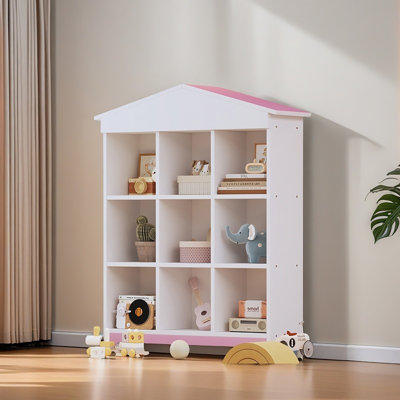House-Shaped Storage Rack With Nine Storage Compartments, Three-Layer Storage Shelf With Colorblock Design
