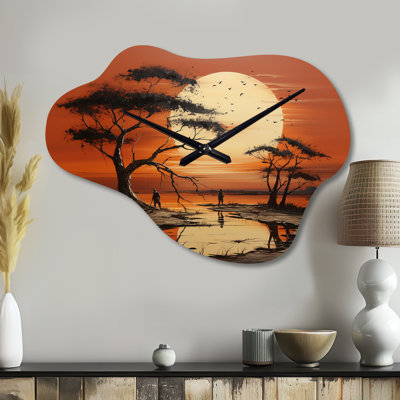 Coucher de soleil africain Tribal I - horloge asymétrique en métal, horloge murale jaune