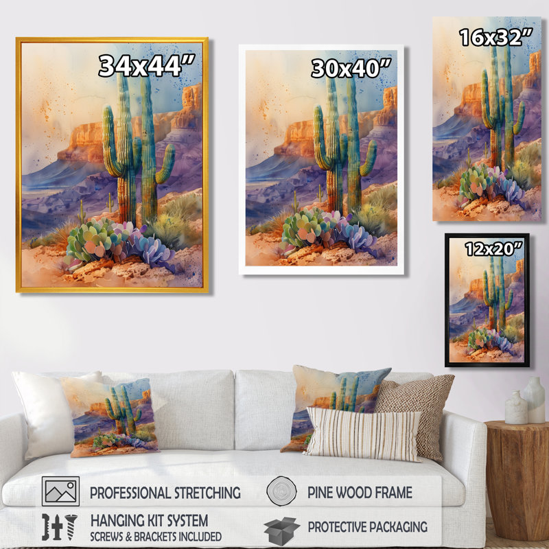 «Green Cactus Desert Wonder I», impression d'art mural cactus floral, Toile encadrée flottée blanche