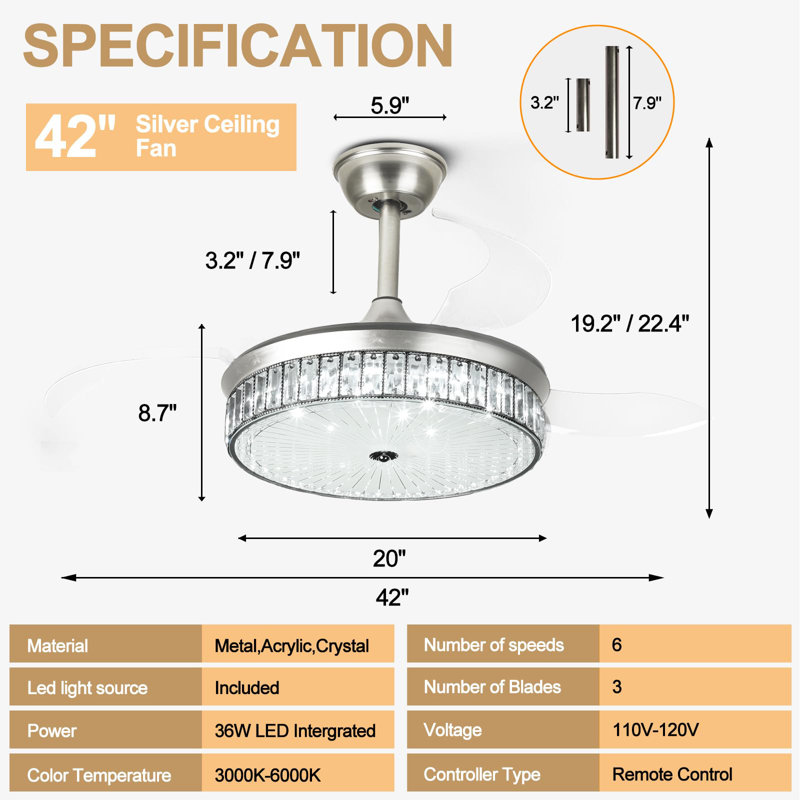 Ventilateur de plafond 42 "rétractable en cristal avec lumière et télécommande, Argent avec pales transparentes